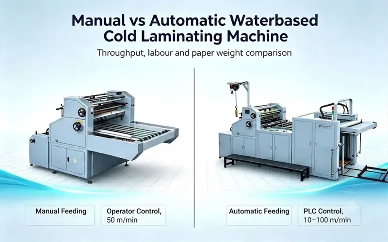 Technical specifications comparison between SFM series manual waterbased laminator with 50 m/min speed and SZFM series automatic waterbased cold laminating machine with PLC control and 10–100 m/min speed range.