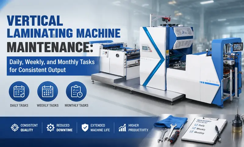 Vertical laminating machine maintenance process including glue roller system electromagnetic heating and film tension adjustment for stable output