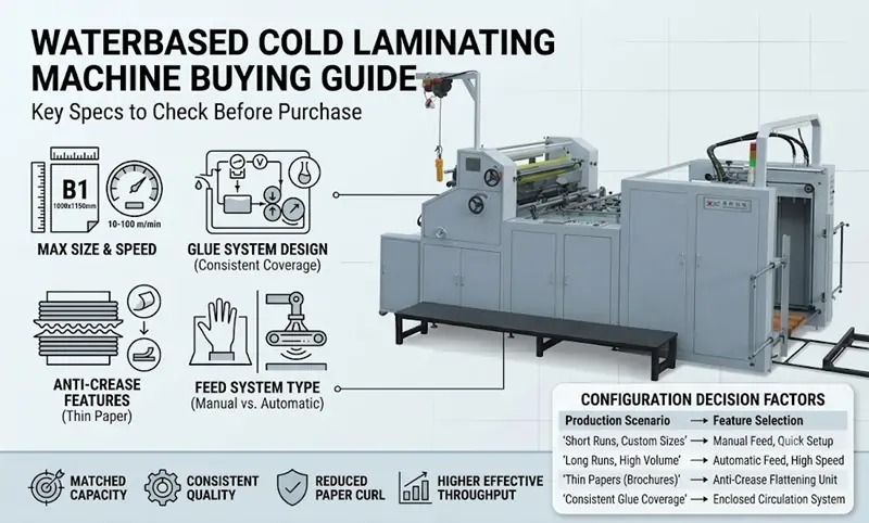 Overview of key specifications for waterbased cold laminating machine, covering sheet size, speed, glue system, anti-crease mechanism, and feed type.